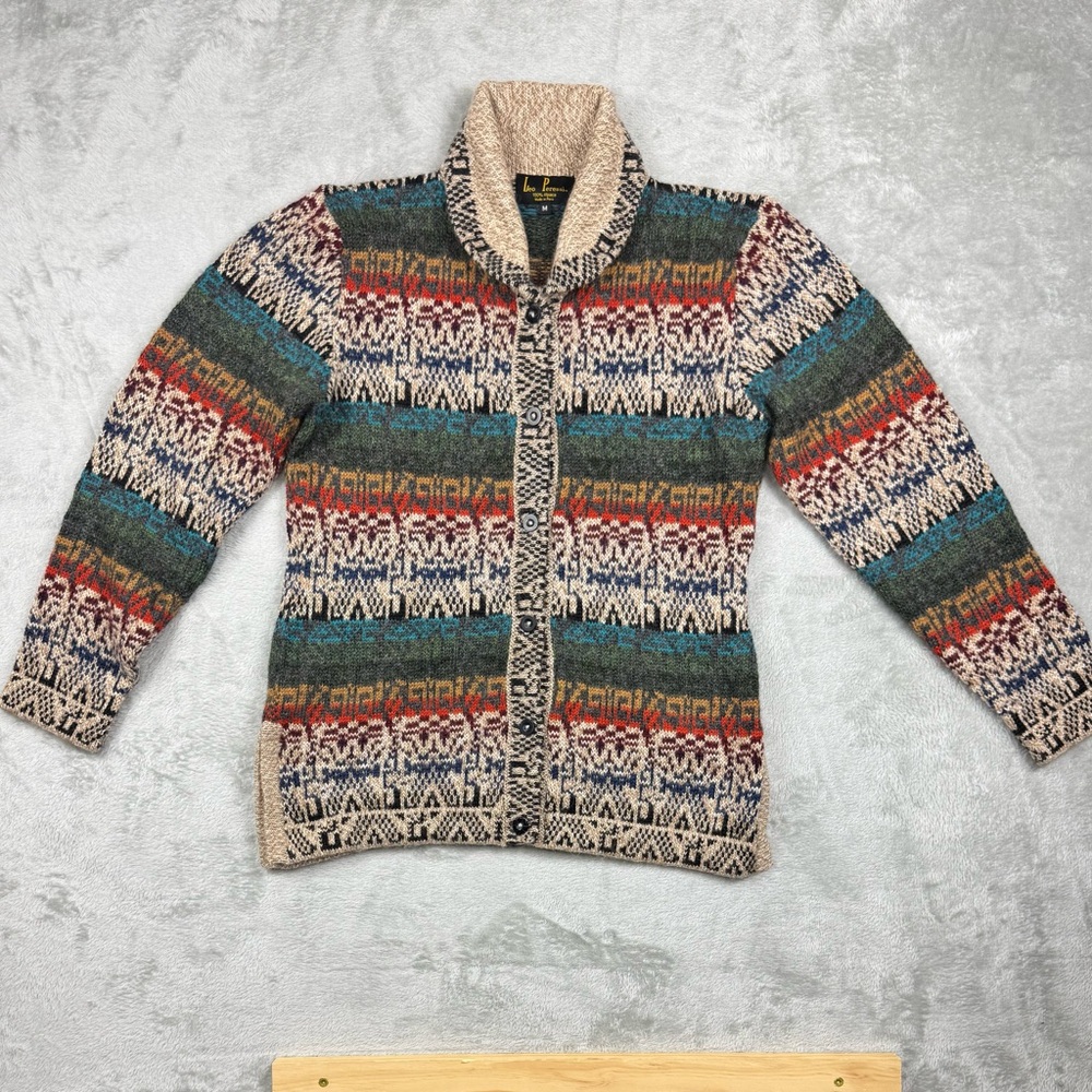 Leo Peressi 100 alpaca cardigan with shawl collar geometric earthy tones sz M